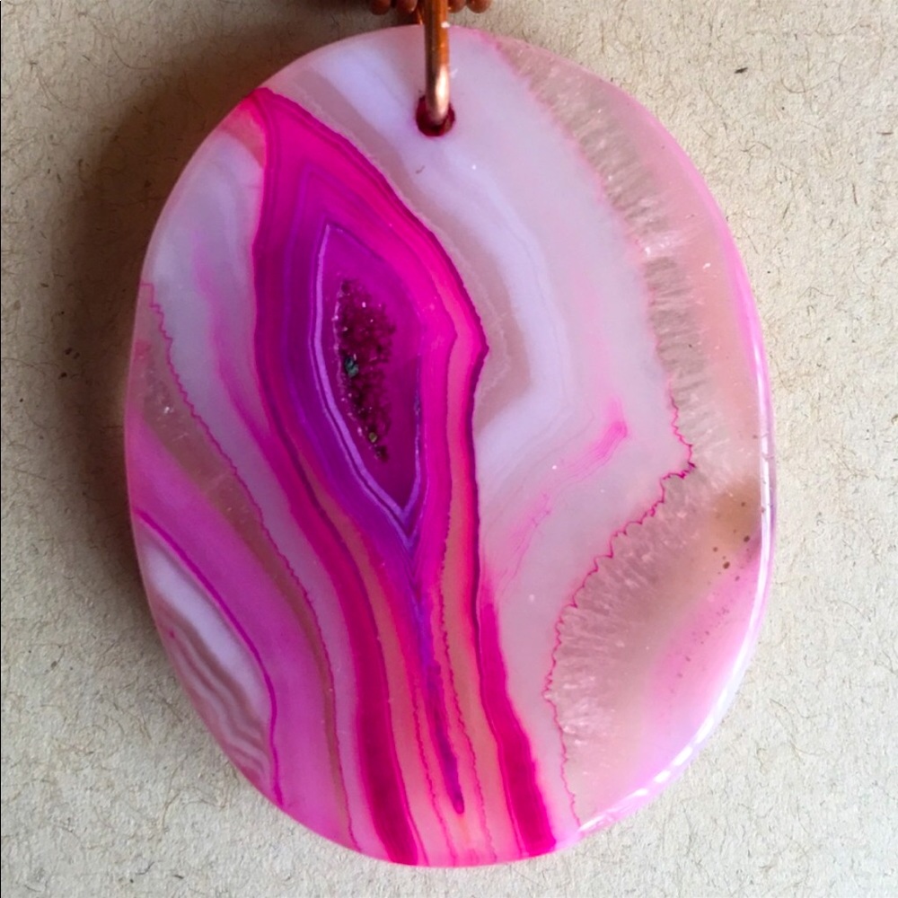 NEW Polished Agate Stone Pendant Copper Wire Wrap 16" Boho Choker Necklace - Picture 7 of 10